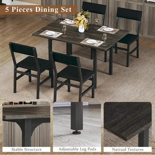 Vista 5 de HUAHUU Juego de mesa de comedor para 4, juego de sillas con cojín para cocina extensible de 4, mesa de comedor rectangular con marco de metal