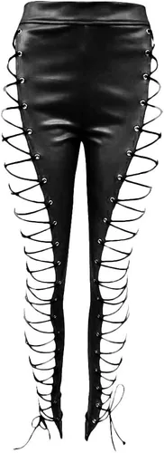 Vista 4 de Leggings sexys de cintura alta con cordones de piel sintética para mujer, para fiesta y club