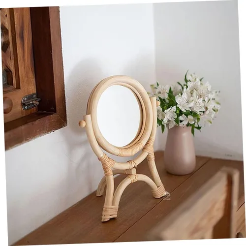 Vista 2 de GANAZONO Rattan Makeup Mirror 3-Legged Round Decorative Mirror Adjustable Rotation for Girls Bedroom for Makeup and Decor