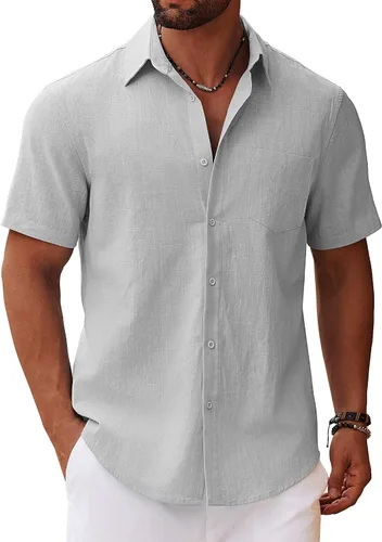 Vista 11 de COOFANDY Camisa de manga corta con botones para hombre, casual, de algodón, para verano, playa, lino, para boda, con bolsillo