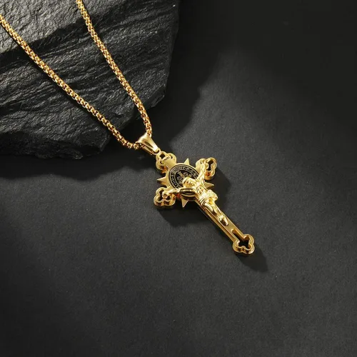 Vista 3 de Collar con colgante de cruz de oración del Señor de acero inoxidable con crucifijo de Jesucristo y versículo bíblico para hombresniñosmujeres