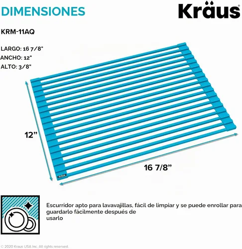 Vista 5 de Kraus Multiusos Escurreplatos Enrollable para Fregadero con Colador y Esterilla en Aqua, KRM-11AQ Aguamarina