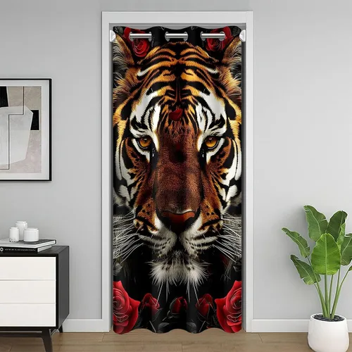 Vista 21 de Manfei Bonita cortina de puerta de gato negro Kawaii para puerta de armario, cortinas opacas con temática de animales estrellados, cortina opaca