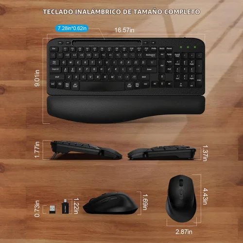 Vista 2 de Juego de teclado y mouse inalámbrico, teclas de onda de tamaño completo, teclado ergonómico con reposa muñecas acolchado, soporte para teléfono