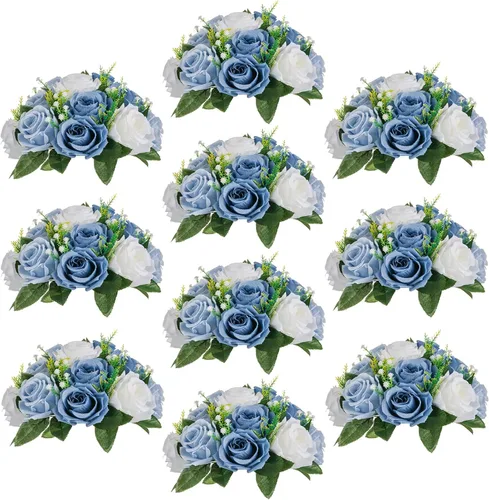 Vista 29 de Sziqiqi Flores de rosas artificiales de seda sintética para decoración de centros de mesa de boda, decoración del hogar, paquete de 2 unidades Azul