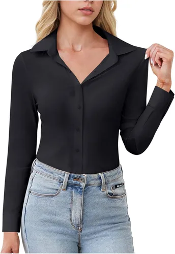Vista 13 de Womens Stretch Button Down Shirts Slim Fit Long Sleeve Dress Shirt Wrinkle Free Collared Business Work Casual Blouse