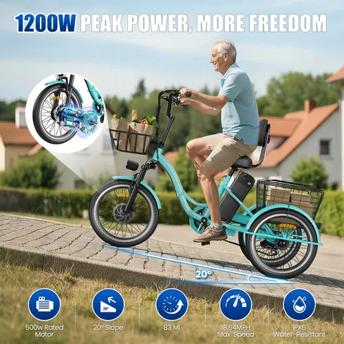 Vista 3 de Triciclo eléctrico para adultos, triciclo eléctrico de pico de 1200 W, triciclo plegable con batería extraíble de 468/720/960 Wh, bicicletas 83