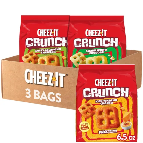 Vista 14 de Cheez-It Crunch Pasabocas horneados con sabor a queso, bocadillos para el almuerzo, cheddar blanco fuerte (paquete de 6 bolsas)