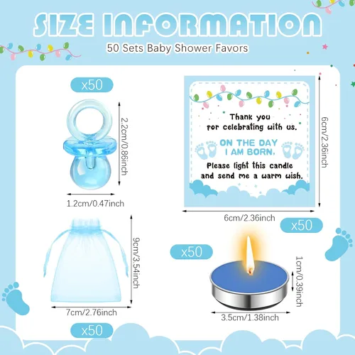 Vista 2 de Ctosree 50 juegos de regalos de baby shower para invitados que incluyen lindos chupetes de bebé, velas de té y etiquetas de agradecimiento, bolsas