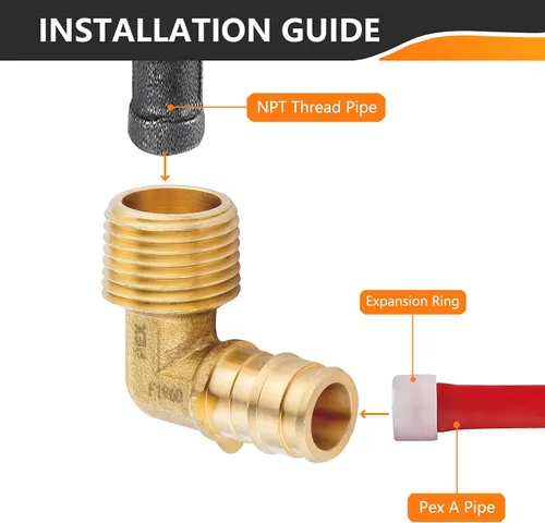 Vista 3 de 5 accesorios de expansión HeSun PEX A, codo NPT macho de 1/2" PEX-A x 1/2" Rosca macho PEX-A de latón Codo de 90 grados, ASTM F1960 (PEX1960097-5)