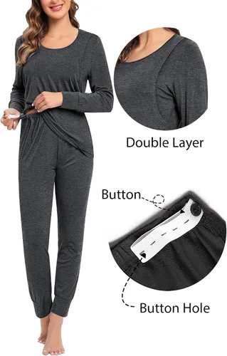 Vista 2 de SWOMOG Conjunto de bata de maternidad para mujer, pijama de lactancia para lactancia materna