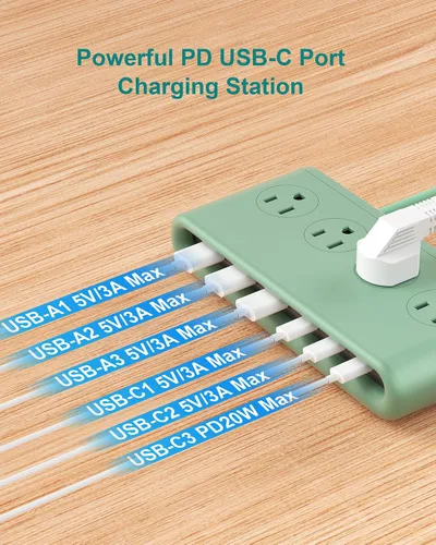 Vista 5 de Regleta de alimentación de enchufe plano 10 en 1 con USB C, estación de carga rápida PD20W con 4 salidas y 6 puertos USB