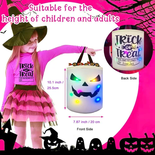 Vista 2 de Bolsas de Halloween para dulce o truco, cubo de caramelos, cesta de fantasmas iluminada, decoración multiusos reutilizable para dulces cubos