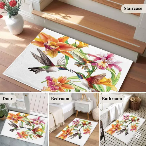 Vista 5 de Small Area Rugs 2x3 Ft, Orange Floral Non-Slip Area Rugs for Living Room Bedroom Entryway, Spring Kingfisher Watercolor Retro Art Washable Carpet