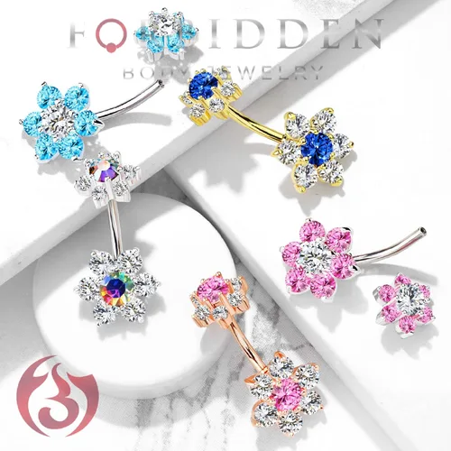 Vista 4 de Forbidden Body Jewelry Piercing para ombligo de acero quirúrgico con diseño de flores de circonita cúbica y parte superior a juego con rosca interna