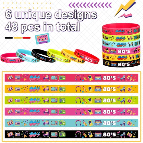 Vista 2 de Leitee 48 pulseras de silicona temáticas de los años 80 para mujeres y hombres, pulseras de goma retro de los años 80 para mujeres y hombres