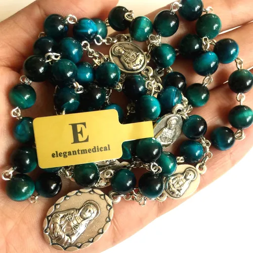 Vista 6 de elegantmedical Hecho a mano Rara Pavo Real BuleTiger Eye Jade Cuentas Siete 7 PELÍCULAS MARÍA MEDALLA Rosario Collar Regalos Católicos, Vidrio