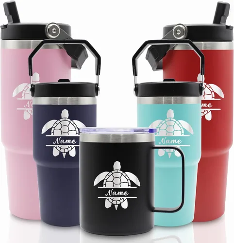 Vista 8 de Vasos de acero inoxidable grabados personalizados con nombres, tazas aisladas personalizadas con asa, taza de café de viaje, regalos para ella/él