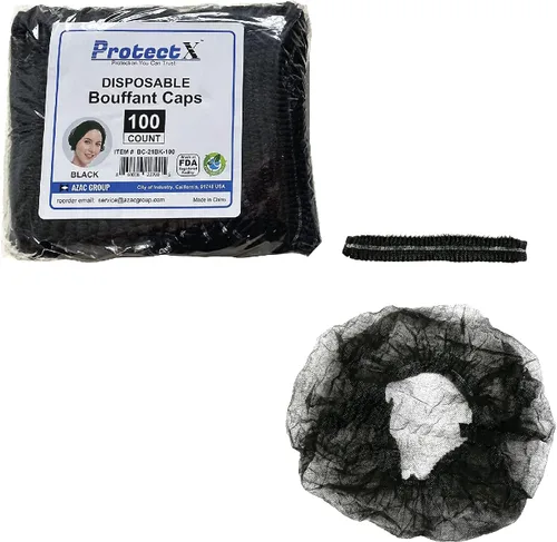 Vista 6 de ProtectX Paquete de 100 redes desechables negras para el cabello, cubierta elástica para la cabeza, gorras Bouffant, cubierta de cabeza