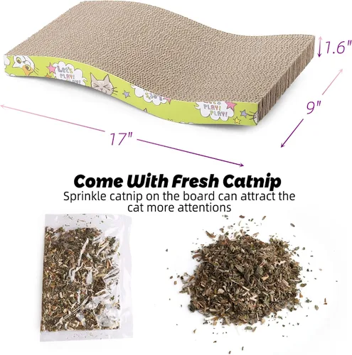 Vista 2 de PrimePets Rascador de cartón para gatos, almohadilla para rascar con forma curva, rascador de gato, tablero corrugado reversible con hierba gatera