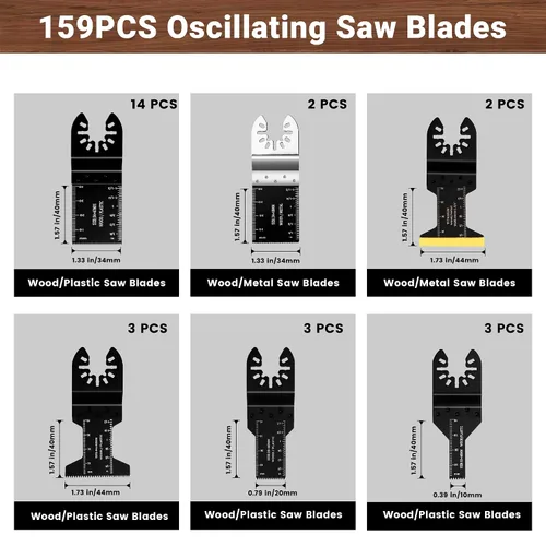 Vista 2 de 159 hojas de sierra oscilantes con papel de lija, cuchillas multiherramienta universales de titanio para madera/plásticos/metal, kits