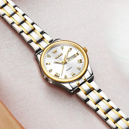 Vista 3 de OLEVS Reloj dorado para mujer con fecha de día de acero inoxidable, impermeable, de cara pequeña, de cuarzo, analógico, de moda, dorado, negro