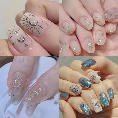 Vista 7 de 12pcs Aurora Plata Estrella Luna Nail Art Pegatinas 3D para las Mujeres Oro Rosa Sol Corazón Calcomanías de Diseño Láser Suministros