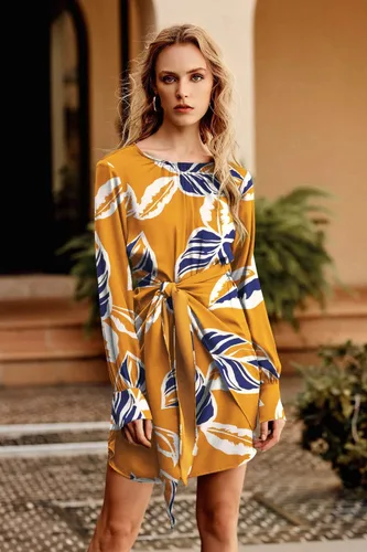 Vista 3 de PRETTYGARDEN Vestido de satén de primavera para mujer, manga larga, lazo en la cintura, elegante, cóctel, fiesta, mini vestidos de otoño