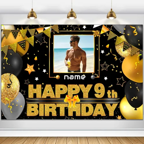 Vista 55 de Cartel decorativo personalizado de feliz cumpleaños número 100 - Personalización disponible - Negro y dorado - Tamaño grande - Admite fotos