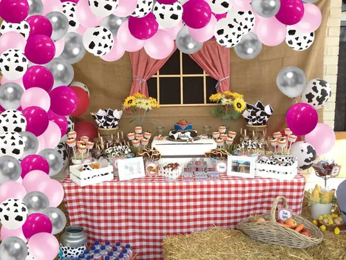 Vista 5 de Kit de arco de guirnalda de globos con estampado de vaca, 125 globos plateados metálicos rosa rosa claro para vaquera occidental, cumpleaños, boda