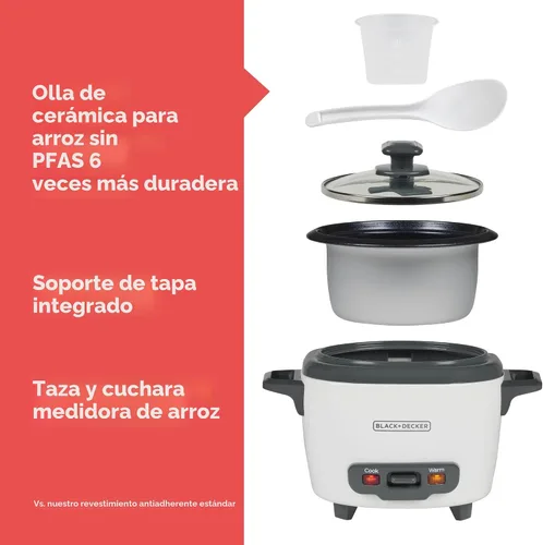 Vista 2 de BLACK+DECKER Olla arrocera de 3 tazas, RC503, 1.5 tazas de arroz crudo, cesta de cocción al vapor, recipiente antiadherente extraíble, un toque