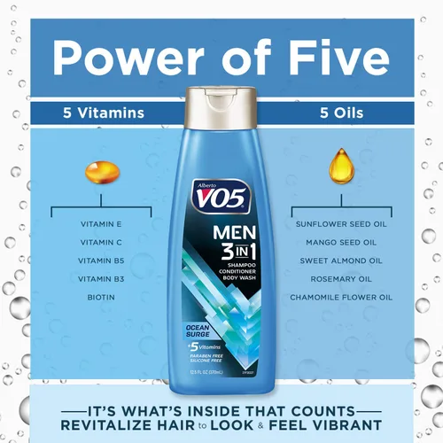 Vista 4 de Alberto VO5 - Champú acondicionador y gel de baño 3 en 1 para hombre, Ocean Surge, 5 vitaminas esenciales A, H, C, B5 y B3 para ayudar a nutrir e