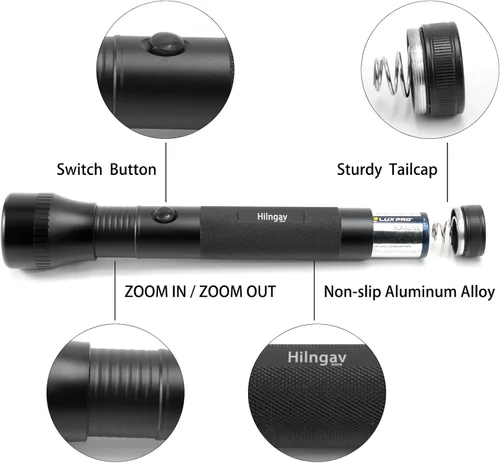 Vista 4 de Linternas LED Grandes de Batería D de 2 Celdas de Servicio Pesado, Linterna Antorcha de Aleación de Aluminio de Modo Único con Zoom, Linterna