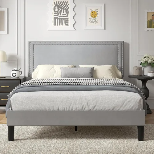 Vista 63 de VECELO Base de cama de plataforma de tamaño individual con cabecera tapizada de altura ajustable, base de colchón moderna, soporte de listones