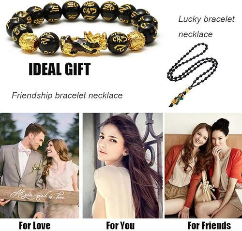 Vista 7 de SOOWOOT Feng Shui Pulsera Collar-Pi Xiu Negro Obsidian Riqueza Pulsera de Buena Suerte Pi Yao Attract Wealth Money Collar Set para Mujeres Hombres