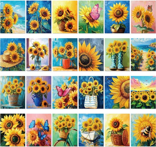 Vista 24 de Sherr Juego de 24 lienzos predibujados para pintar para adultos, lienzo preimpreso a granel, sorbo y pintura, paneles estirados, juego de pintura
