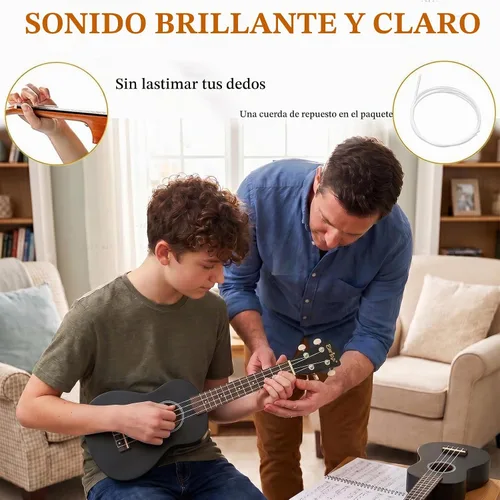 Vista 3 de Kit de ukelele soprano para principiantes de 21 pulgadas con correa de sintonizador de bolsa de concierto en línea gratuita, rápido de aprender Negro