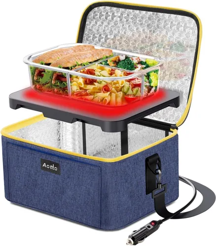 Vista 12 de Aotto Lonchera eléctrica portátil con calentador de alimentos para horno - 12V/24V 2-en-1 calentador de alimentos para coche, lonchera térmica