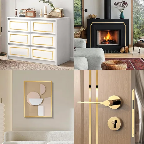 Vista 5 de Tira de moldeo con acabado metalizado dorado similar a un espejo, tira para despegar y pegar para marco de espejo, pared, chimenea y decoración