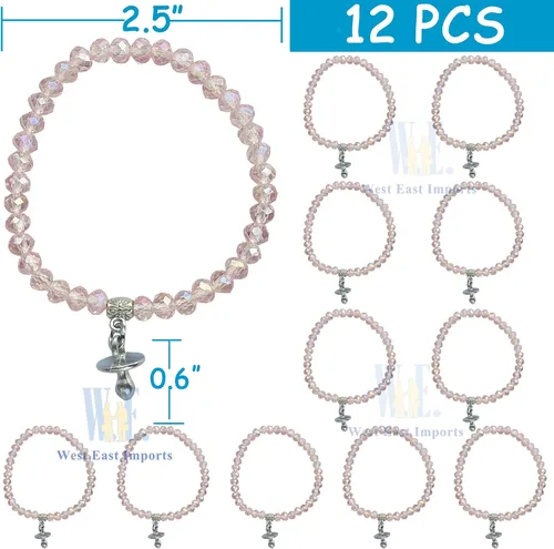Vista 2 de WE Baby Shower Girl - Pulsera elástica de cristal rosa con dije para chupete (12 piezas)
