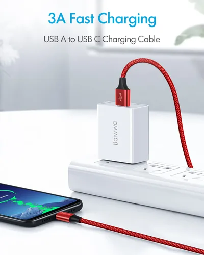 Vista 3 de Baiwwa Cable de carga rápida de 10 pies de USB tipo C (2), cable trenzado de USB-A a USB-C compatible con Samsung Galaxy Note 20, 10, S22, S21, S20