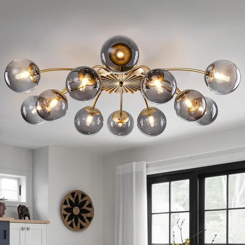 Vista 18 de Lámpara de araña Sputnik con 8 luces de globo dorado con burbujas de vidrio de leche Milk Glass Bubble Ball, Semi Flush Ceiling Lights, Blossom