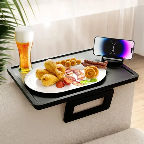 Vista 11 de Smatdecis Bandeja de brazo para sofá, mesa de clip para brazos, mesa de bandeja para reposabrazos adecuada para bebidas caseras, comida rápida, Negro