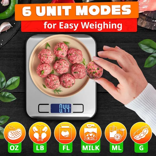 Vista 7 de Báscula de alimentos con sensor de 4 puntos – Báscula de cocina digital de peso gramos y onzas, libras, ml, leche ml con pantalla LCD, carga de 22