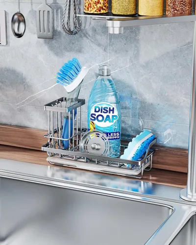 Vista 5 de Consumest Organizador para fregadero, soporte de esponja de cocina con soporte para cepillos de platos, organizador de cocina con bandeja de goteo