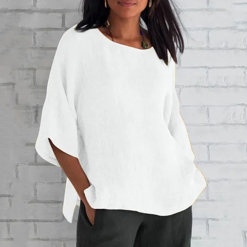Vista 2 de Oversized Cotton Linen Shirts for Women 2023 Summer Casual Half Sleeve Crewneck Tunic Tops Loose Comfy Side Slit Basic Blouse