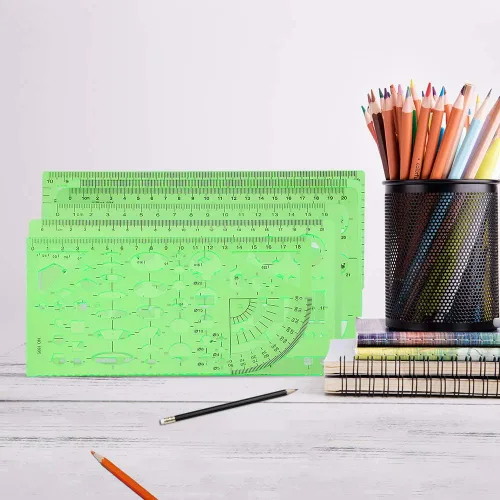 Vista 5 de Angrox Plantillas de dibujos geométricos, reglas de geometría de medición, 15 piezas con 1 bolsa de archivo para diseño, escuela, estudiar, edificio
