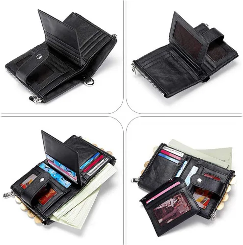 Vista 2 de boshiho Billeteras plegables de cuero real con bloqueo RFID para hombre, doble cremallera, bolsillo con cadena antirrobo
