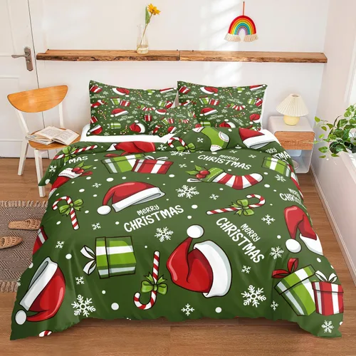 Vista 31 de Juego de ropa de cama de Navidad con funda de edredón de copos de nieve, color blanco y rojo, con estampado navideño, juego de ropa de cama festiva