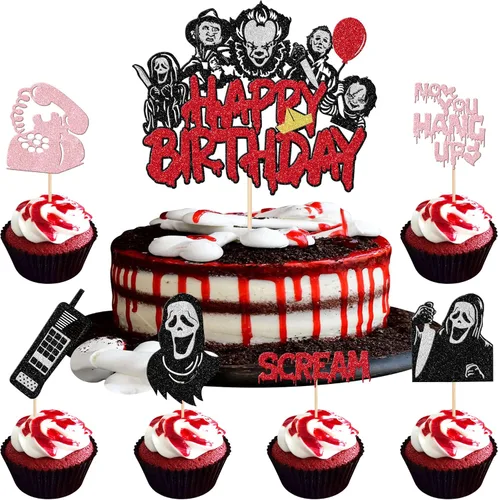 Vista 13 de 1 pieza de decoración de pastel de cumpleaños con purpurina montada con purpurina clásica de Halloween para torta de terror sangrienta temática